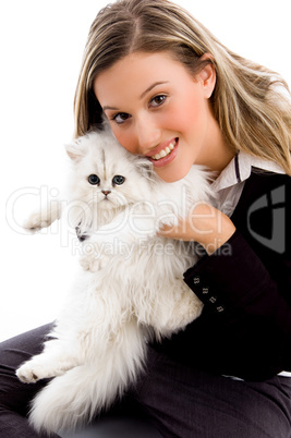 female smiling and posing with cat