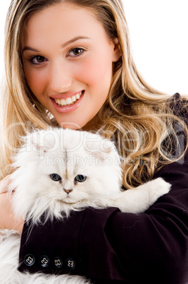 female smiling and posing with cat