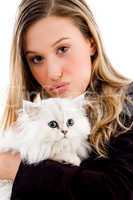 beautiful woman holding white kitten