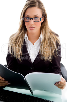businesswoman holding open file