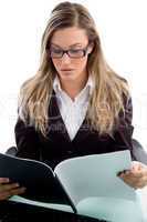 female reading document