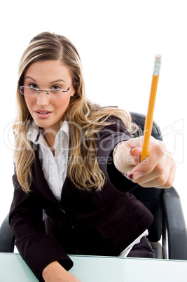 businesswoman showing pencil