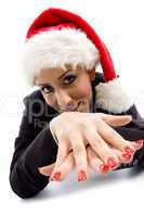 businesswoman posing with christmas hat