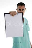male doctor showing notepad