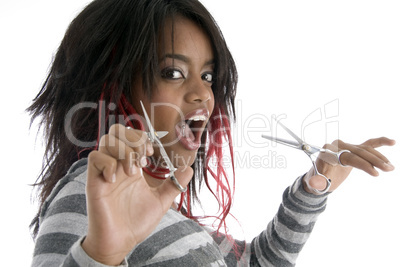 african female with scissors