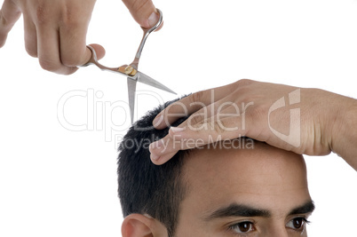 young male taking haircut