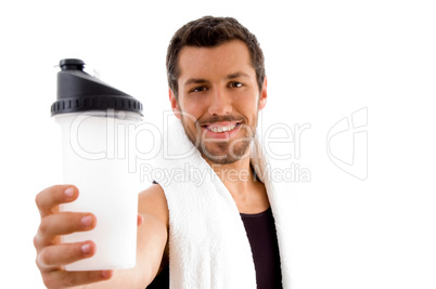 smiling male showing water bottle