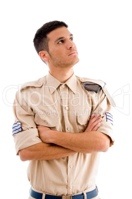 young soldier with crossed arms