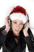 young model with christmas hat and headphone
