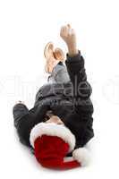 model wearing christmas hat and showing punch