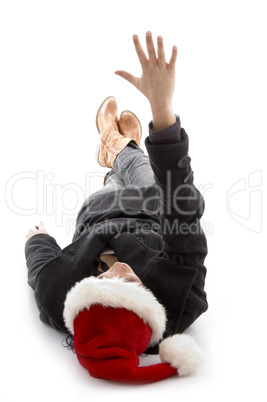 female wearing christmas hat and showing palms