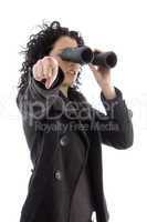 pointing female holding binocular
