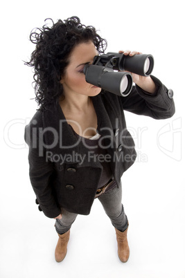 high angle view of female with binocular