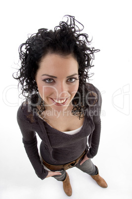 high angle view of smiling beautiful woman