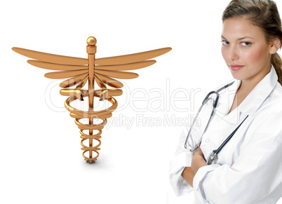 female young  doctor standing near group of people