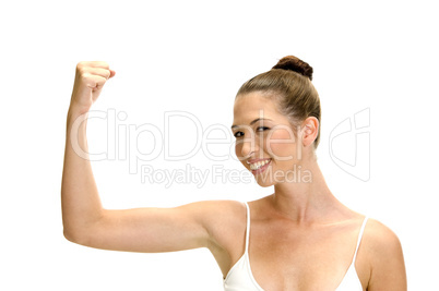 smiling female showing her muscles