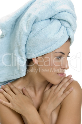 lady in towel with folded hands