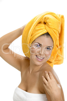 posing smiling sexy lady in towel