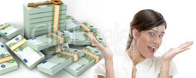surprised business woman and  three dimensional bundles of europian currency