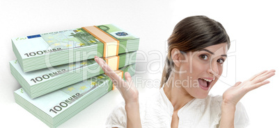 surprised business woman and  three dimensional bundles of europian currency