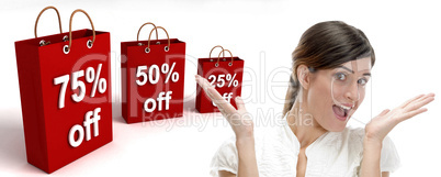 three dimensional shopping bags and surprised businesswoman