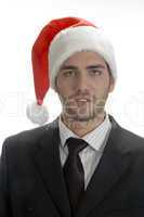 close up view of businessman in santa cap