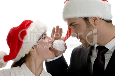 happy couple with red santa cap