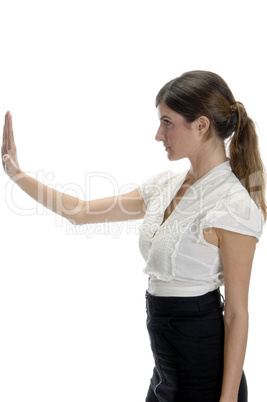 woman posing with stopping palm