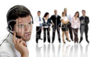 businessman talking on headphone