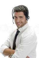 smiling businessman posing with headset