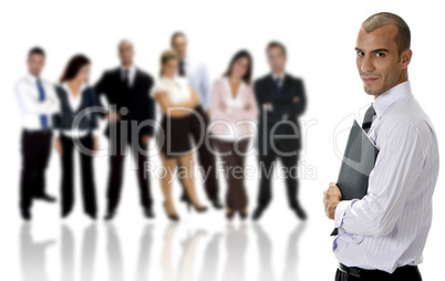 young businessman with folder and group