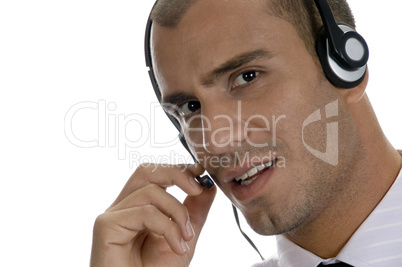 businessman holding speaker of headphone