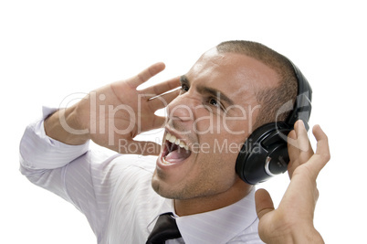 shouting businessman with headphone