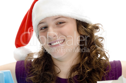 cheerful woman with santa cap