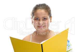 smiling girl with book looking you