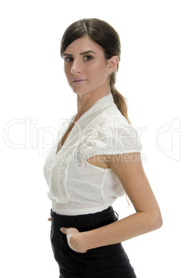 glamorous woman putting her hand in pocket