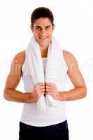 front view of man holding towel