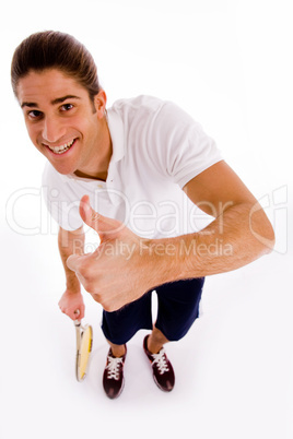 high angle view of tennis player with thumbs up