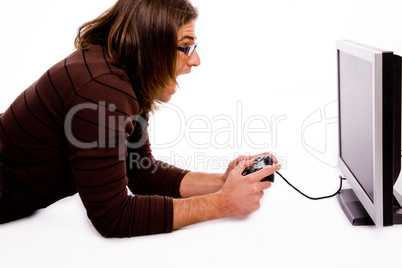 side pose of shouting man playing videogame
