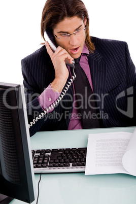 front view of professional talking on phone