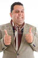 mature man with cheers up hand gesture
