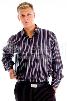 portrait young businessman with official files