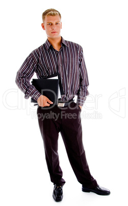 young accountant standing with files