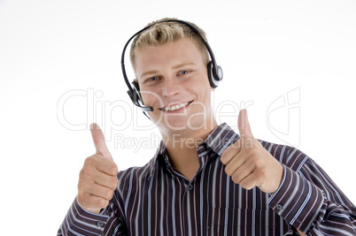 executive communicating and showing thumbs up hand gesture