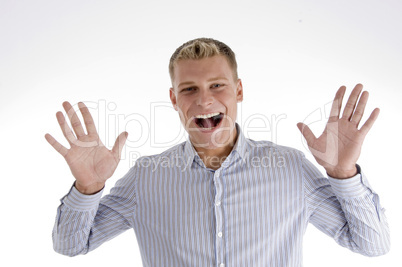 shouting man showing his palms