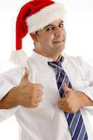 man in santa hat cheering up