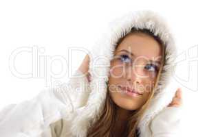 beautiful female posing in hood jacket