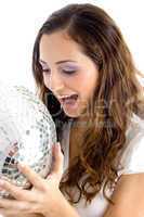 happy female holding disco ball