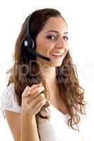 call center female pointing at camera