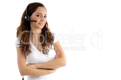 folded arm female talking on headphone